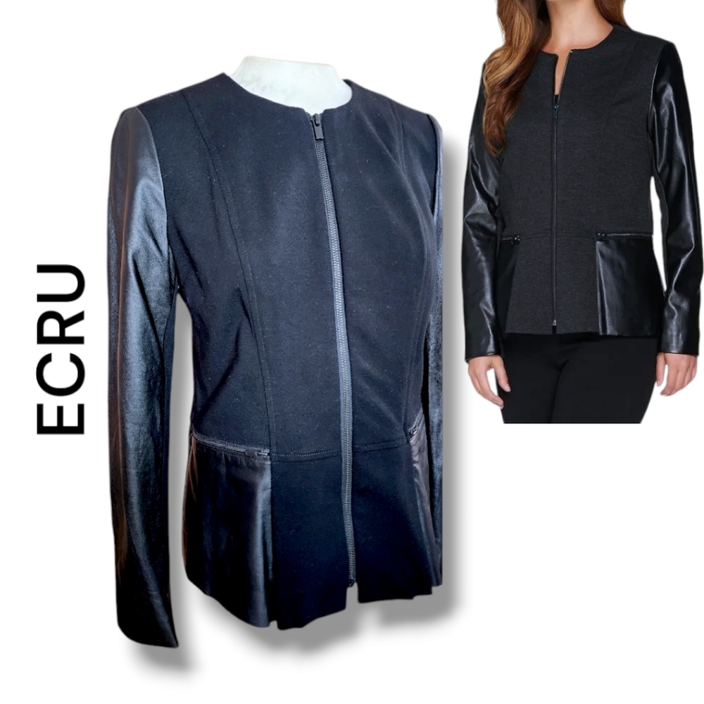 Ecru Faux Leather Detail Ponte Jacket with Zipper Pockets and Wrist Detail – EUC